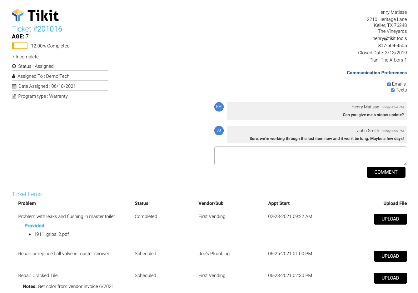 Home warranty software with customer dashboard