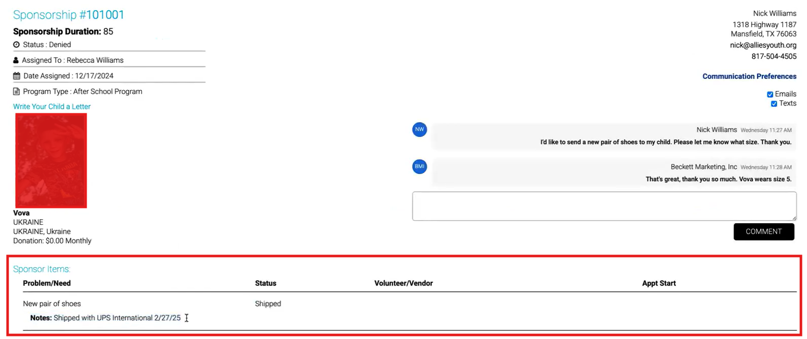 sponsorship items on the donor's dashboard